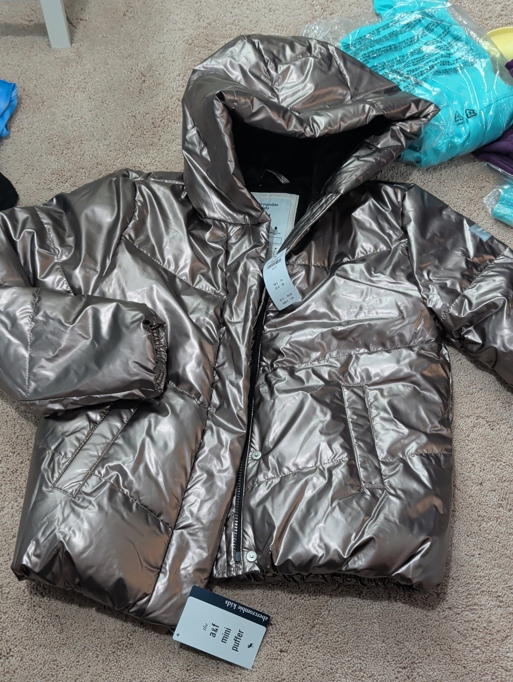 Kids Metallic Puffer Jacket with Hood - Bronze